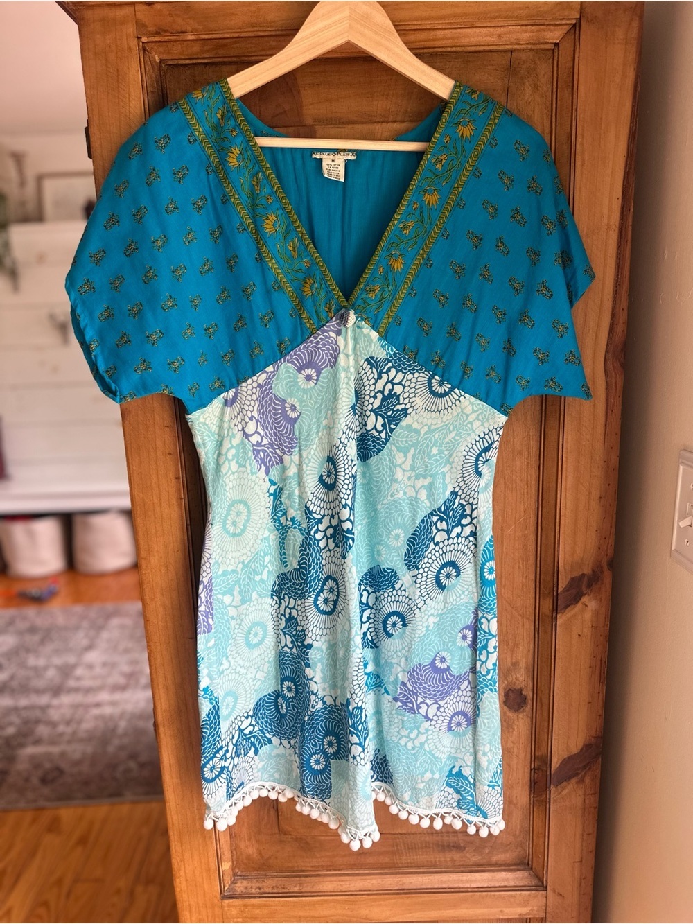 Teal & Aqua Boho V-Neck Dress 100% Cotton